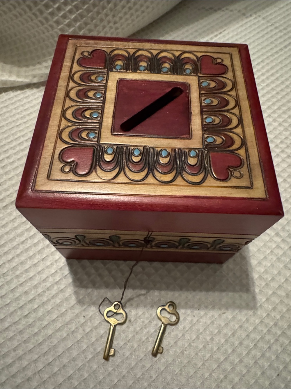 Decorative Polish Hand-Painted Wooden Treasure Box - Red & Cream Heart Motif